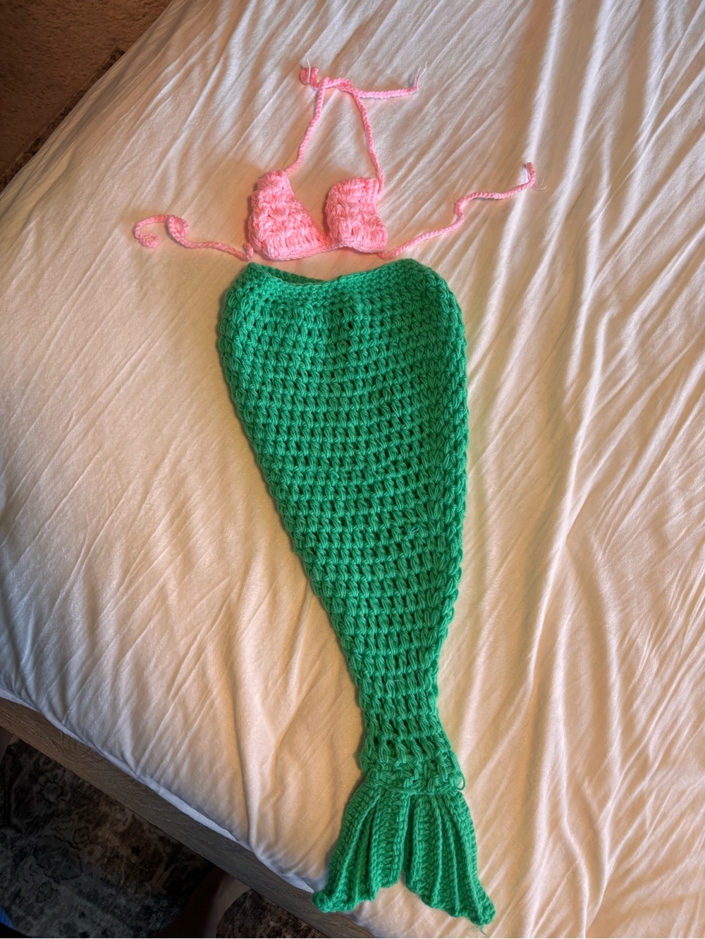 Green Crochet Mermaid One-Piece with Pink Crochet Top - Kids